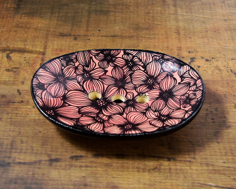 Midnight Circle stoneware black and pink blossoms soap dish